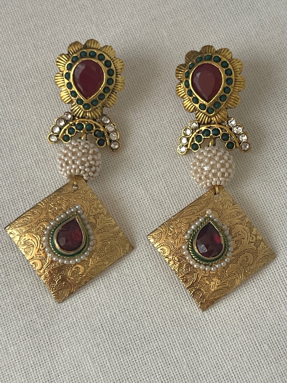 Gold-Tone Red & Green Drop Earrings with Pearl Accents